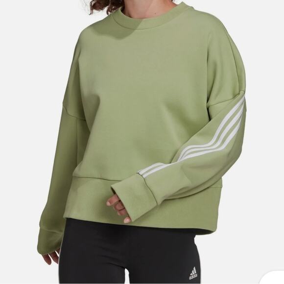 Adidas Light Green Crewneck with Triple White Sleeve Striped Woman Sweatshirt - Picture 1 of 12